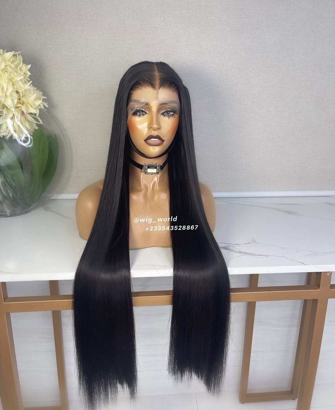 Long sleek black wig